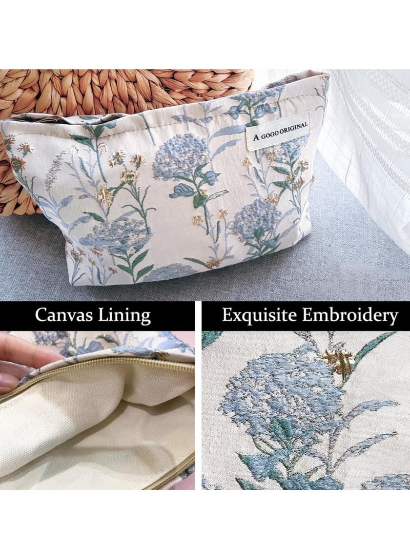 Luxury Makeup Bag for Women, Large Capacity Canvas Toiletry Organizer with Zipper, Floral Oil Painting Embossed Design, Travel Cosmetic Bag (Blue Gold Dandelion) - Image 3