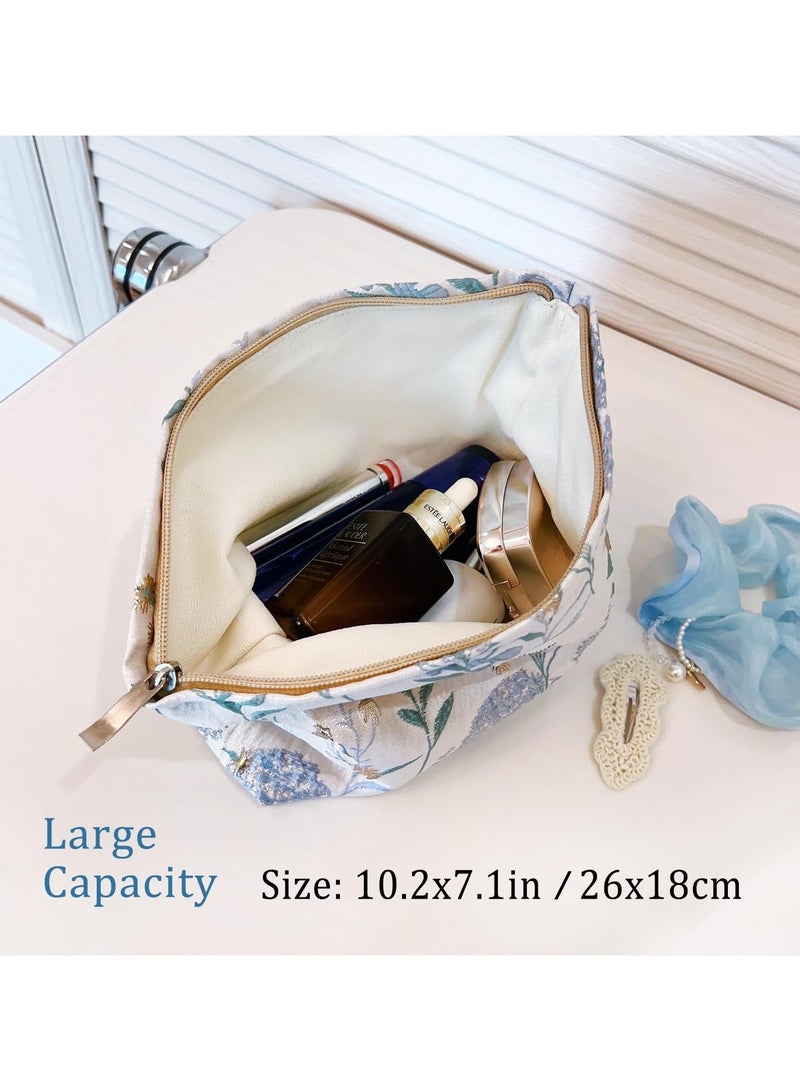 Luxury Makeup Bag for Women, Large Capacity Canvas Toiletry Organizer with Zipper, Floral Oil Painting Embossed Design, Travel Cosmetic Bag (Blue Gold Dandelion) - Image 4