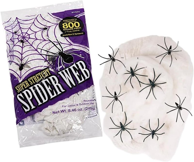 KANGAROO 200 sq. Ft Fake Spider Webs Decorations - Spiderweb Webbing Halloween Cobwebs Decor - Scary Halloween Decor Indoor Outdoor Party Wall, Graveyard Decoration Props - 4 Fake Spiders Included - Image 2
