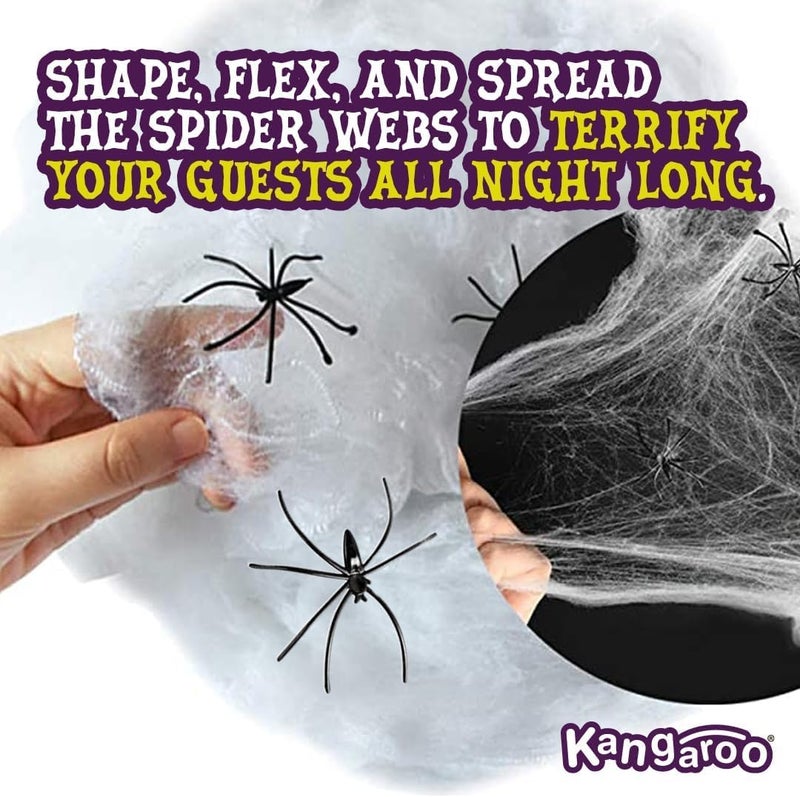 KANGAROO 200 sq. Ft Fake Spider Webs Decorations - Spiderweb Webbing Halloween Cobwebs Decor - Scary Halloween Decor Indoor Outdoor Party Wall, Graveyard Decoration Props - 4 Fake Spiders Included - Image 5