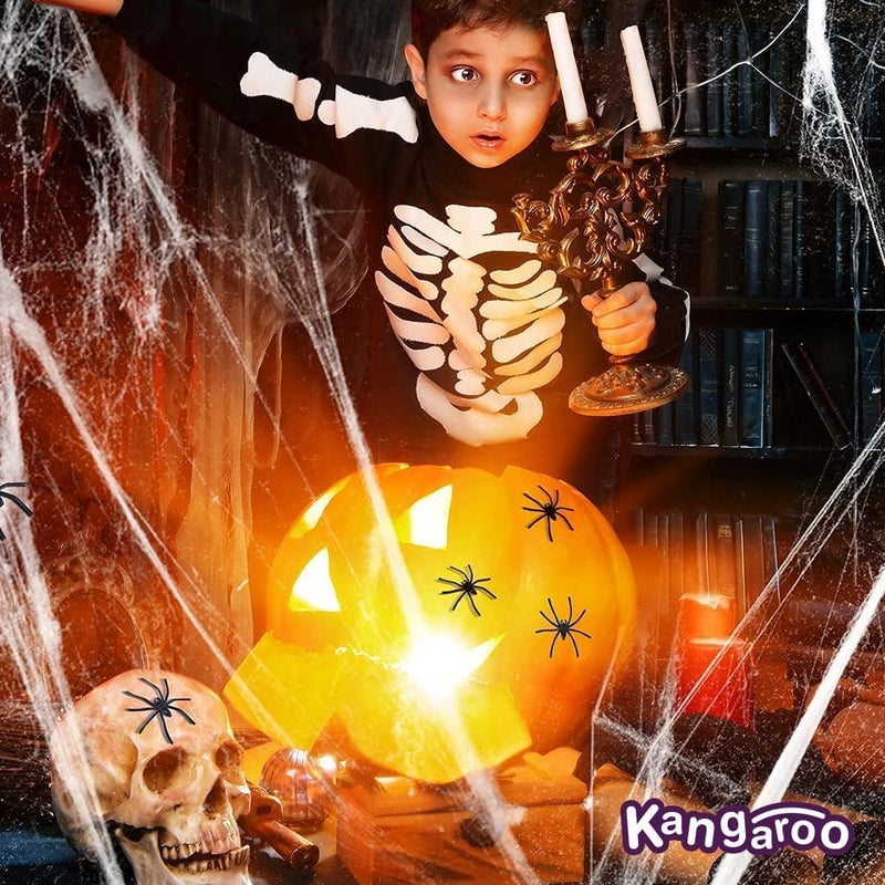KANGAROO 200 sq. Ft Fake Spider Webs Decorations - Spiderweb Webbing Halloween Cobwebs Decor - Scary Halloween Decor Indoor Outdoor Party Wall, Graveyard Decoration Props - 4 Fake Spiders Included - Image 1