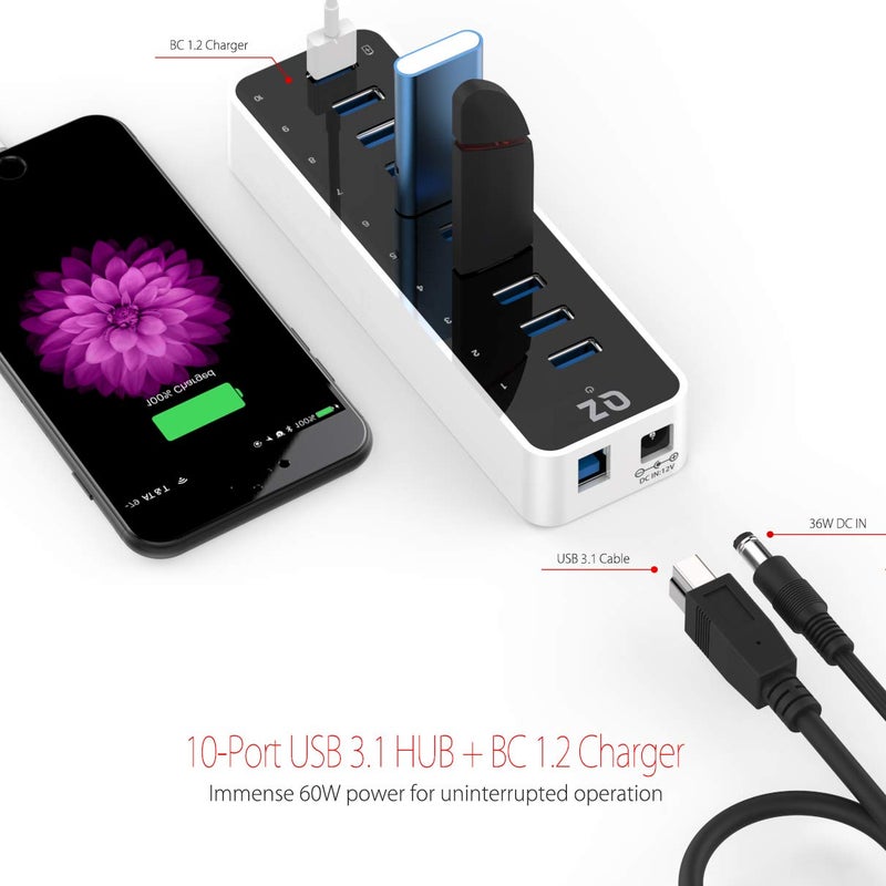 QZ [10 Ports, 12V 5A 60W Power, Industrial Grade] Active Powered USB Hub, 10 Port USB Hub with 12V 5A 60W Power Adapter, USB 3.1 Gen 1 - Image 3