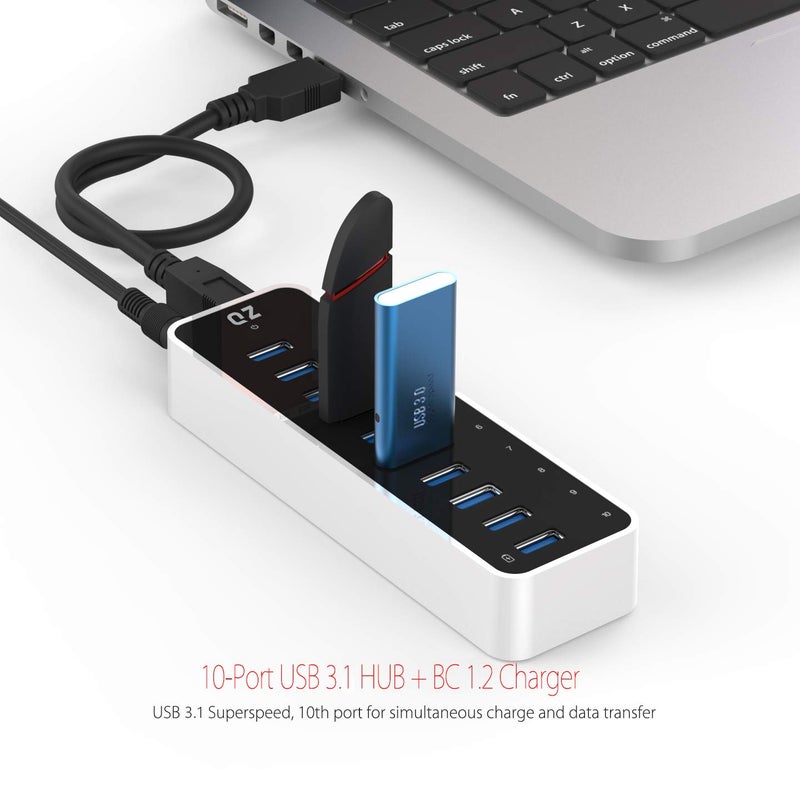 QZ [10 Ports, 12V 5A 60W Power, Industrial Grade] Active Powered USB Hub, 10 Port USB Hub with 12V 5A 60W Power Adapter, USB 3.1 Gen 1 - Image 1