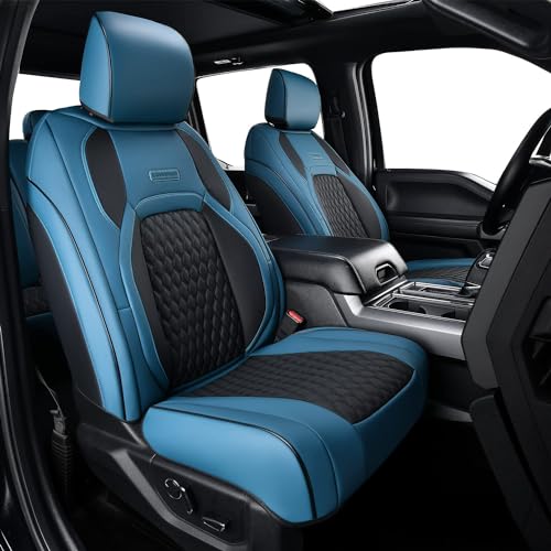 Coverado Waterproof Faux Leather Seat Covers Full Set for Ford F150 20152025 SuperCrew F250 F350 F450 20172025 Crew Cab Compatible with XL XLT Lariat King Ranch Blue Interior Truck Accessories