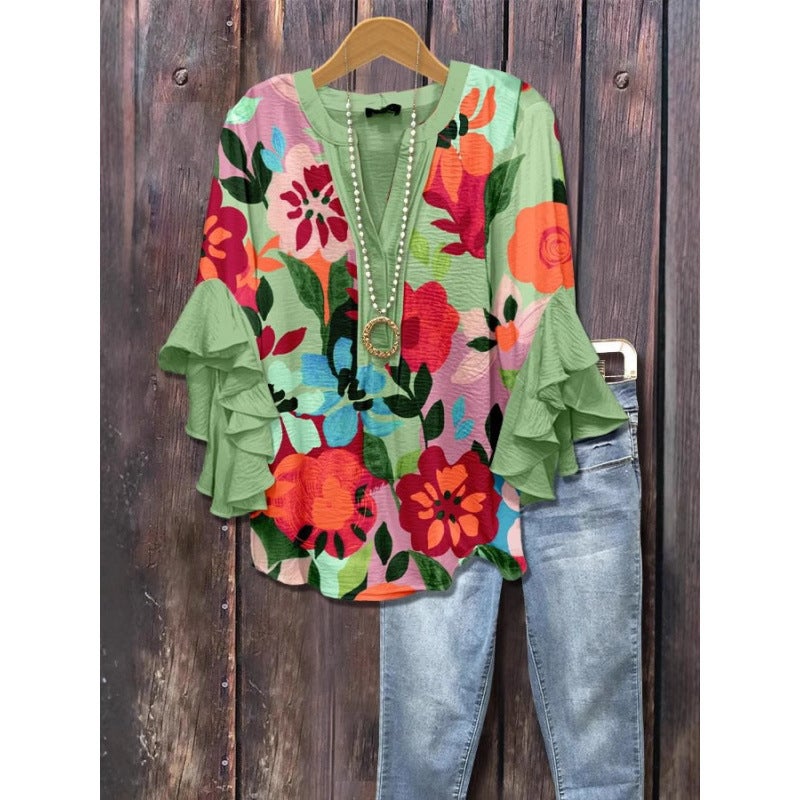 3D جديد الإبداعي عنصر الزهور الطباعة الرقمية الطباعة العادية العصرية V-Neck Ruffle تي شيرت النساء الأعلى - Image 4