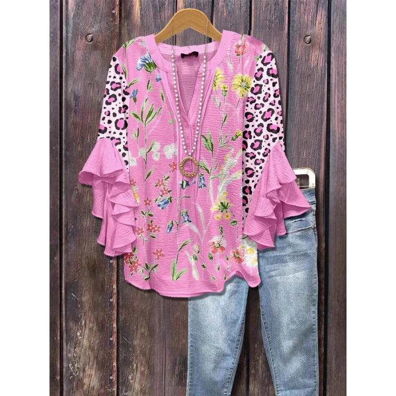 3D جديد الإبداعي عنصر الزهور الطباعة الرقمية الطباعة العادية العصرية V-Neck Ruffle تي شيرت النساء الأعلى - Image 3