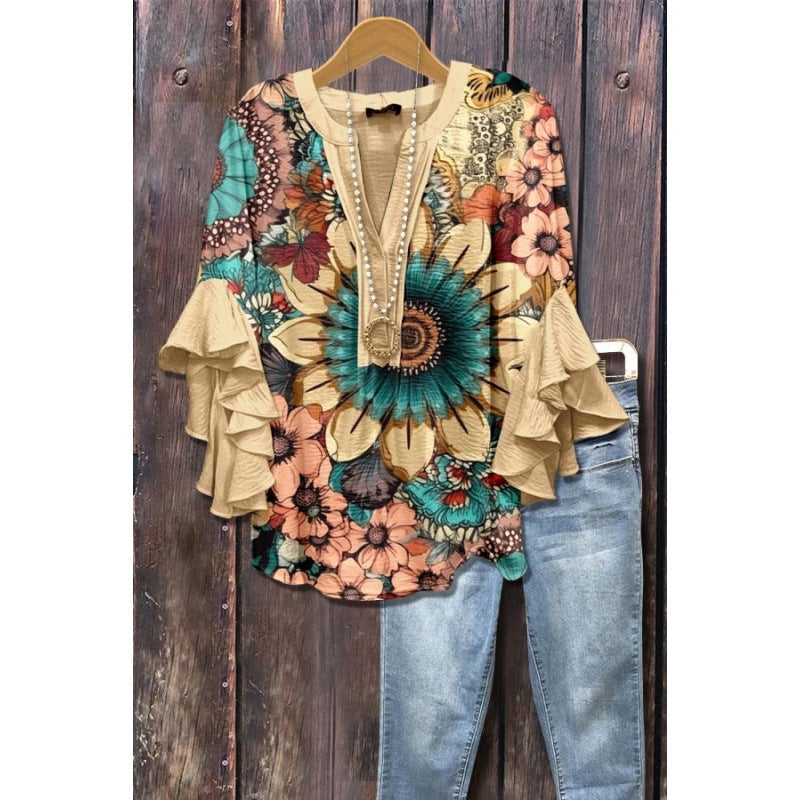 3D جديد الإبداعي عنصر الزهور الطباعة الرقمية الطباعة العادية العصرية V-Neck Ruffle تي شيرت النساء الأعلى - Image 1