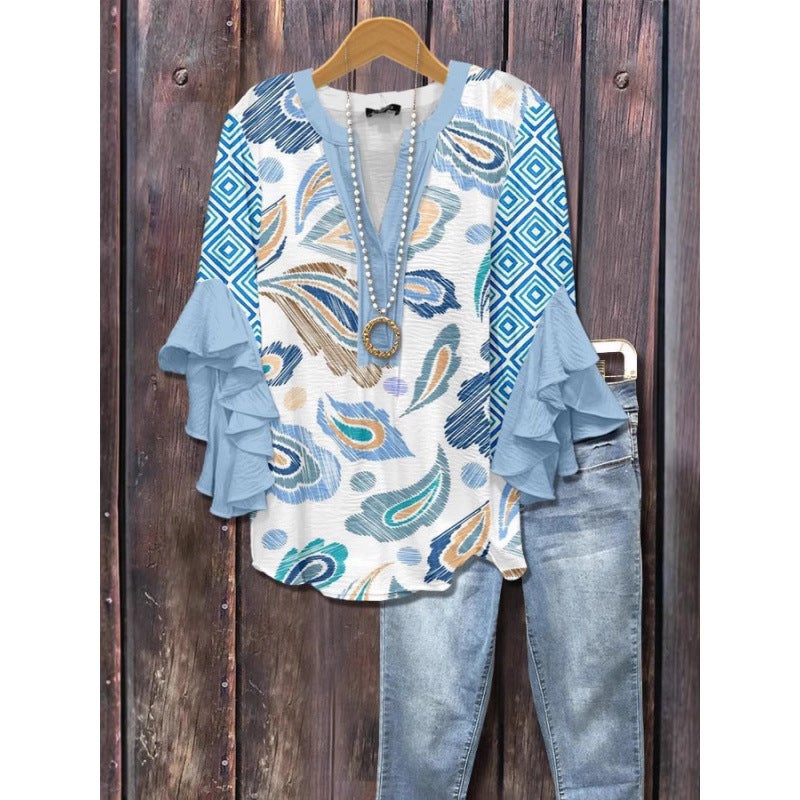 3D جديد الإبداعي عنصر الزهور الطباعة الرقمية الطباعة العادية العصرية V-Neck Ruffle تي شيرت النساء الأعلى - Image 2