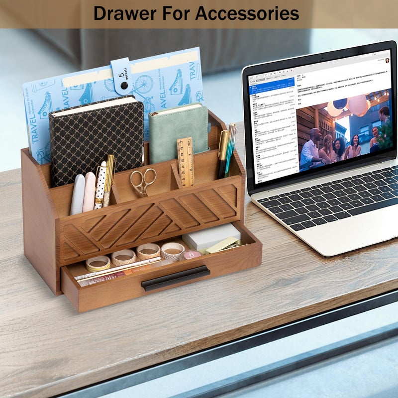 dreampossible Brown Wood Desk Organizer and Accessories with Drawer, Bill Mail Organizer and File Mail Holder for Office Supplies, Modern Desk Accessories & Workspace Organizers for Desk Organization - Image 3
