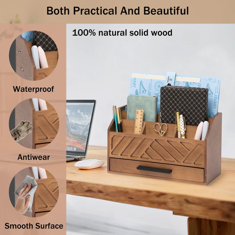 dreampossible Brown Wood Desk Organizer and Accessories with Drawer, Bill Mail Organizer and File Mail Holder for Office Supplies, Modern Desk Accessories & Workspace Organizers for Desk Organization - Image 2