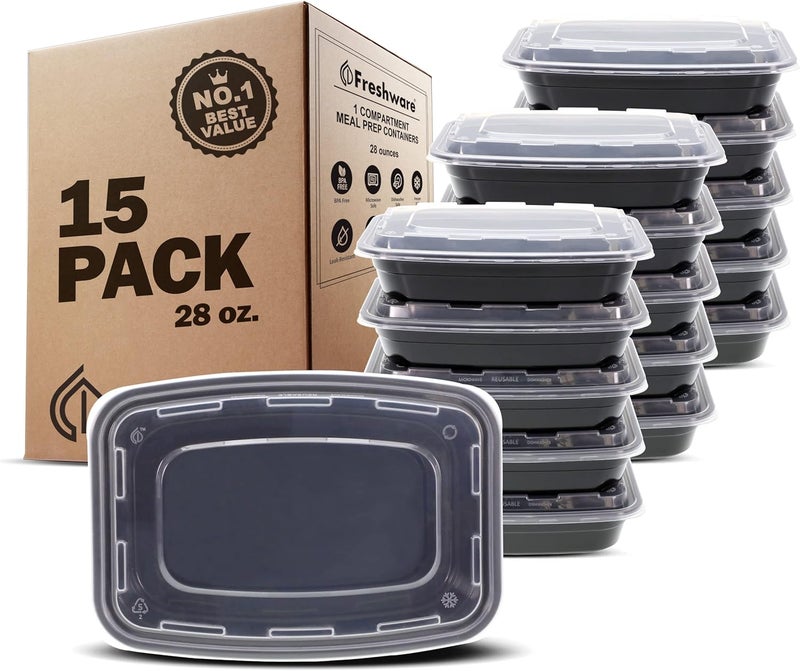 Freshware Meal Prep Containers [15 Pack] 1 Compartment Food Storage Containers with Lids, Bento Box, BPA Free, Stackable, Microwave/Dishwasher/Freezer Safe (28 oz) Black - Image 1