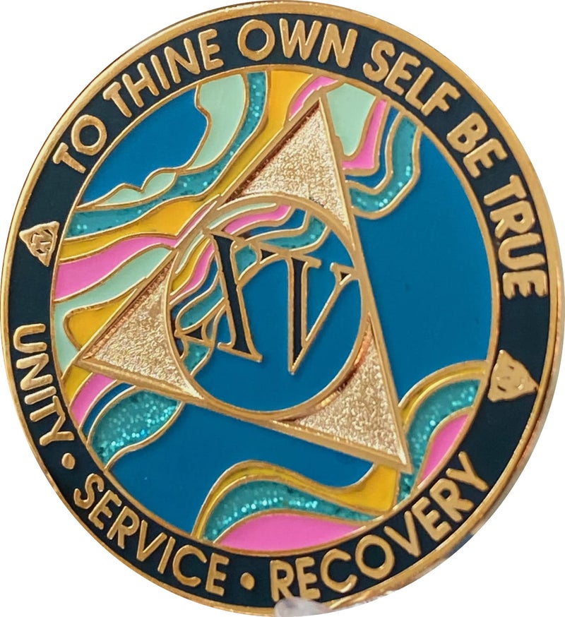 15 Year AA Medallion Elegant Marble Tahiti Teal Blue and Pink Gold Plated Chip
