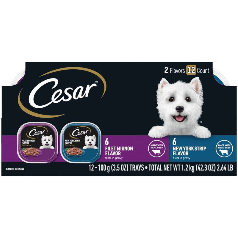 Cesar Filets in Gravy Adult Wet Dog Food, Filet Mignon and New York Strip Flavors Variety Pack, 3.5 oz. (12 Count, Pack of 1) - Image 1