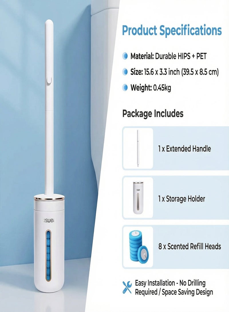 Nawāzīl Disposable Toilet Brush Set with 8 Scented Refills, Wall Mounted Cleaning Wand Kit with Automatic Lid, Deep Clean Hygienic Scrubber for Bathroom Squat & Bowl, Long Handle (39.5 cm / 15.6 inch) - Image 2