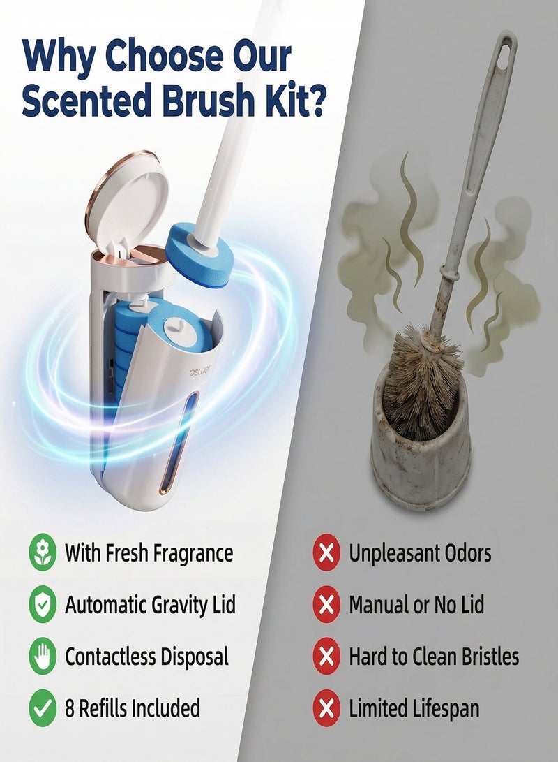 Nawāzīl Disposable Toilet Brush Set with 8 Scented Refills, Wall Mounted Cleaning Wand Kit with Automatic Lid, Deep Clean Hygienic Scrubber for Bathroom Squat & Bowl, Long Handle (39.5 cm / 15.6 inch) - Image 5