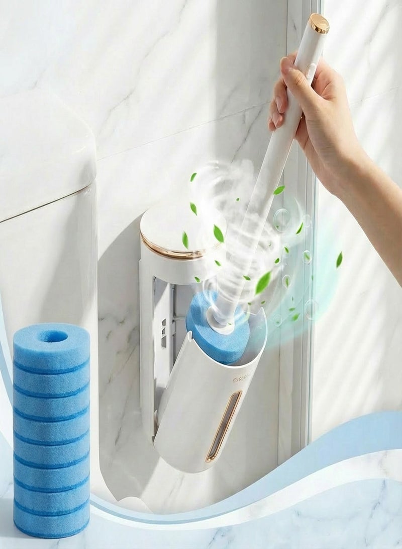 Nawāzīl Disposable Toilet Brush Set with 8 Scented Refills, Wall Mounted Cleaning Wand Kit with Automatic Lid, Deep Clean Hygienic Scrubber for Bathroom Squat & Bowl, Long Handle (39.5 cm / 15.6 inch) - Image 1
