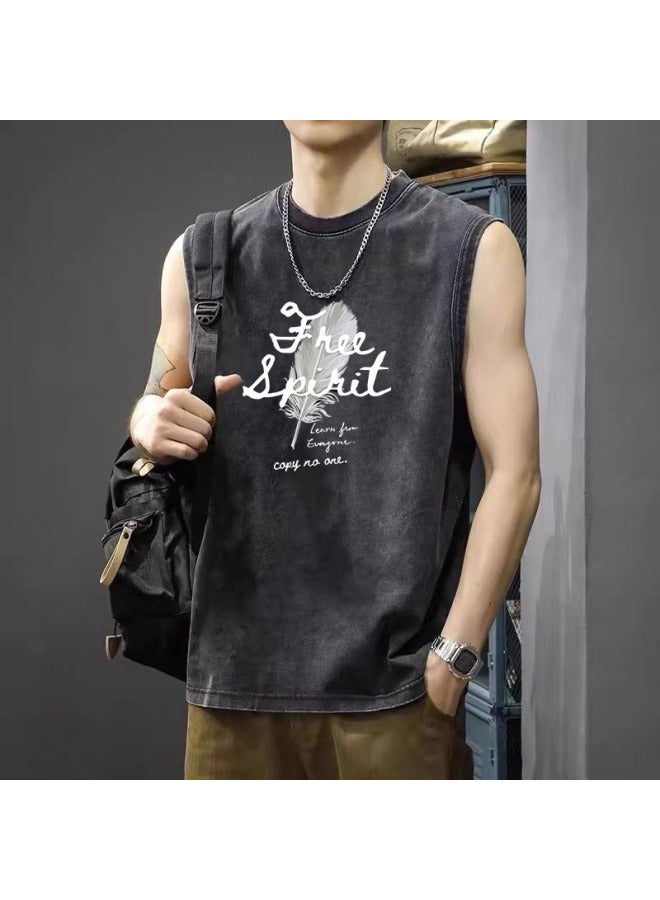 American High Street Retro Washed Distressed Sport Tank Top Trendy Brand Sleeveless T-shirt Loose Casual Fitness Short Sleeve