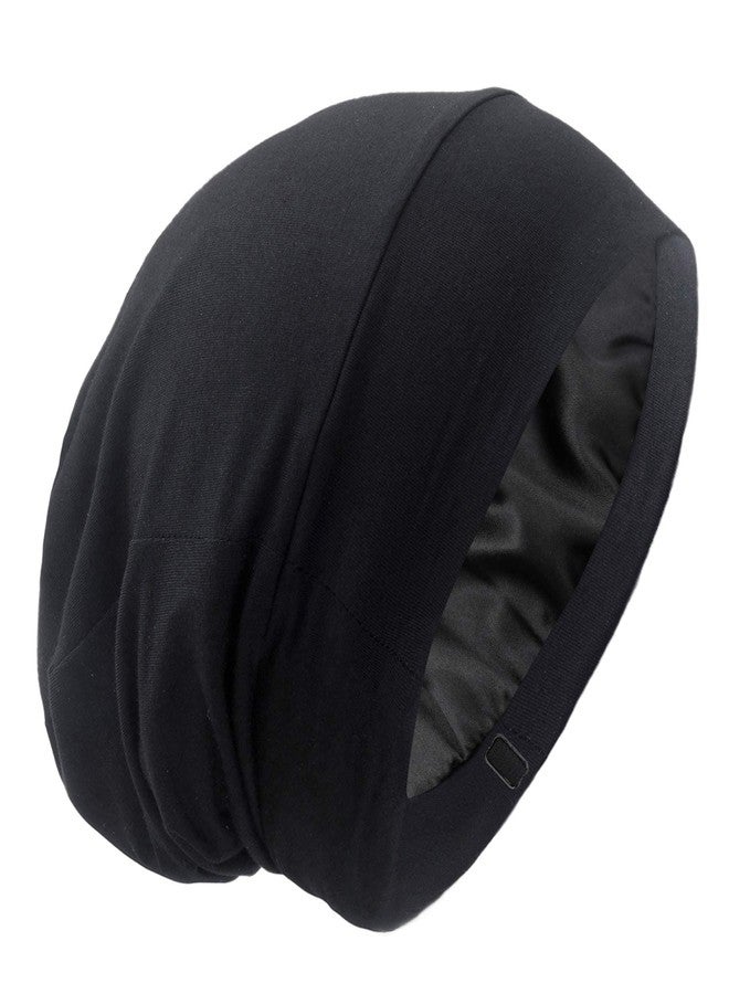 GB Selected Silky Satin Lined Bonnet Sleep Cap - Adjustable Stay on All Night Hair Wrap Cover Slouchy Beanie for Curly Protection Women and Men Solid Black - Image 1