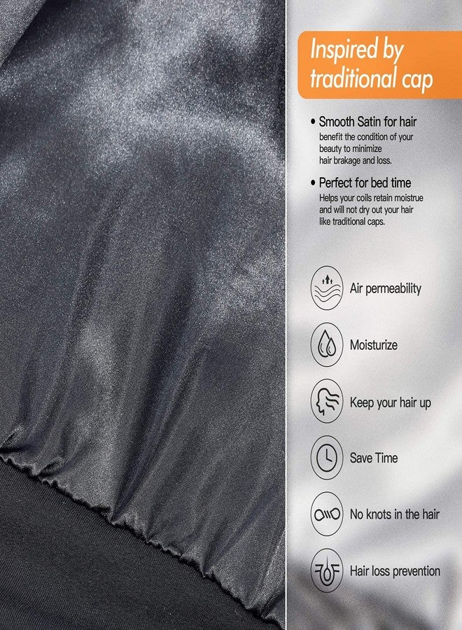 GB Selected Silky Satin Lined Bonnet Sleep Cap - Adjustable Stay on All Night Hair Wrap Cover Slouchy Beanie for Curly Protection Women and Men Solid Black - Image 2