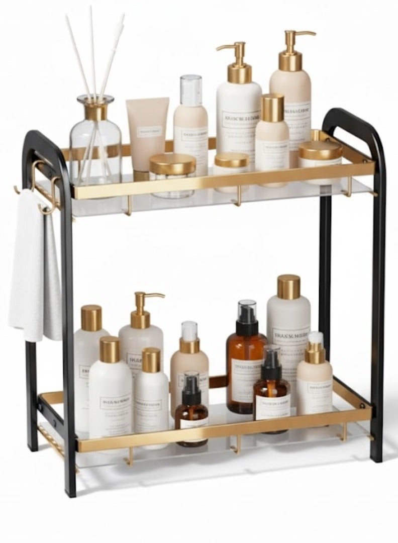 طلال رف منظم معدني أسود وذهبي من طبقتين للحمام وطاولة الزينة والمطبخ - رف تخزين للعناية بالبشرة والمكياج والعطور وسطح الطاولة - تصميم فولاذي متين، منظم طاولة موفر للمساحة - Image 1