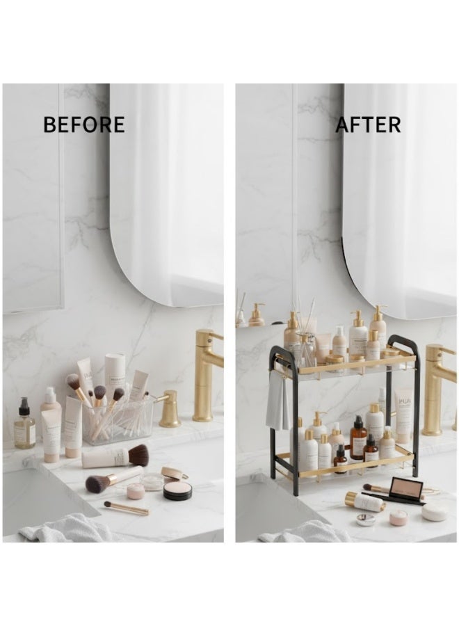 طلال رف منظم معدني أسود وذهبي من طبقتين للحمام وطاولة الزينة والمطبخ - رف تخزين للعناية بالبشرة والمكياج والعطور وسطح الطاولة - تصميم فولاذي متين، منظم طاولة موفر للمساحة - Image 2