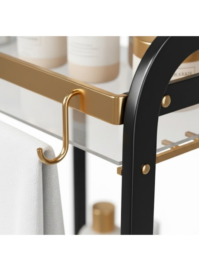 طلال رف منظم معدني أسود وذهبي من طبقتين للحمام وطاولة الزينة والمطبخ - رف تخزين للعناية بالبشرة والمكياج والعطور وسطح الطاولة - تصميم فولاذي متين، منظم طاولة موفر للمساحة - Image 3