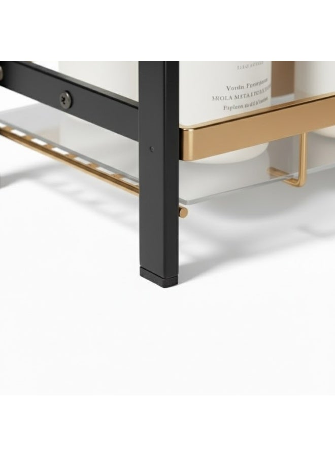 طلال رف منظم معدني أسود وذهبي من طبقتين للحمام وطاولة الزينة والمطبخ - رف تخزين للعناية بالبشرة والمكياج والعطور وسطح الطاولة - تصميم فولاذي متين، منظم طاولة موفر للمساحة - Image 4