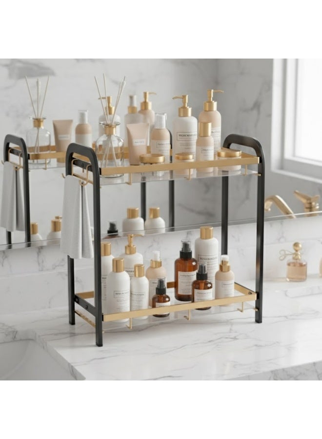 طلال رف منظم معدني أسود وذهبي من طبقتين للحمام وطاولة الزينة والمطبخ - رف تخزين للعناية بالبشرة والمكياج والعطور وسطح الطاولة - تصميم فولاذي متين، منظم طاولة موفر للمساحة - Image 5