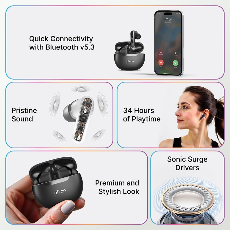 PTron سماعات أذن Bassbuds Astra اللاسلكية بتقنية TWS مع صوت ستيريو، 34 ساعة من وقت التشغيل، مكالمات ستيريو، سماعات بلوتوث V5.3 مع اقتران سريع، تحكم باللمس، مساعد صوتي، شحن Type C ومقاومة للماء IPX4 (أسود) - Image 2