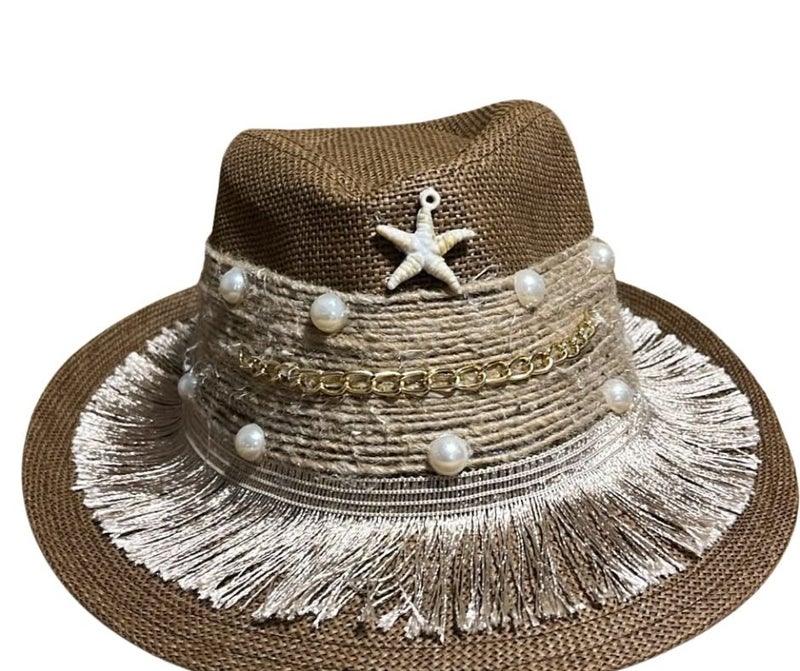 Women's Handwoven Straw Beach Hat, Summer Sun Hat with Decorative Chain - Brown - Image 1
