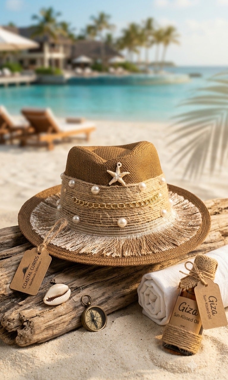 Women's Handwoven Straw Beach Hat, Summer Sun Hat with Decorative Chain - Brown - Image 2