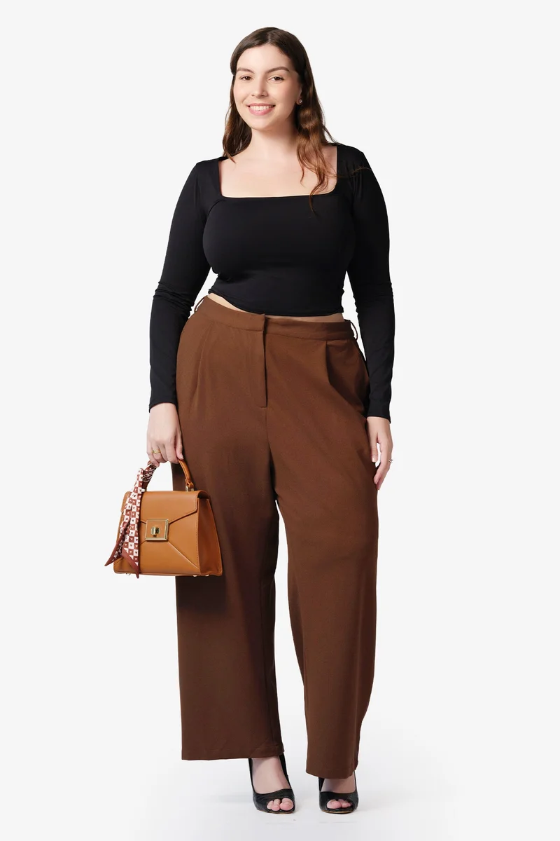فيرجيو Solid Viscose High-Rise Pleated Plus Size Trousers for Women