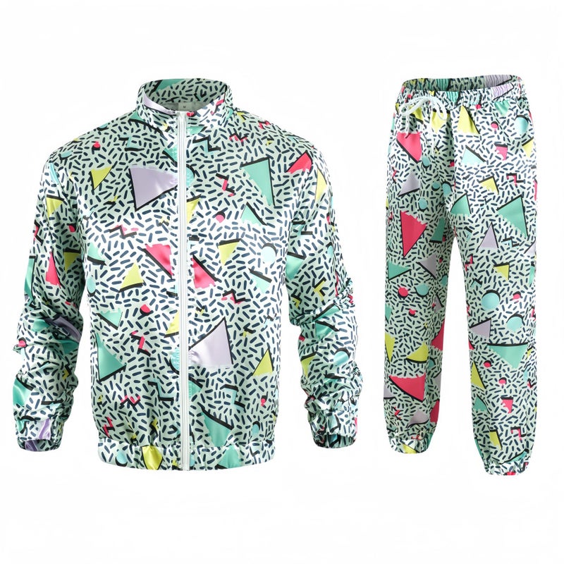 Cross Border 80 s Disco Sportswear Jacket and Pants Jogging Suit Retro Style 80 s Theme Party Green floral sportswear