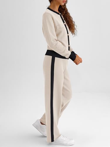 LILLUSORY Womens Lounge Sweater Sets 2 Piece Set Matching Cardigan Sweaters and Wide Leg Pants Fall Outfits 2025 Fashion Clothes Airport Loungewear Knit Comfy Tracksuit Apricot M - Image 3