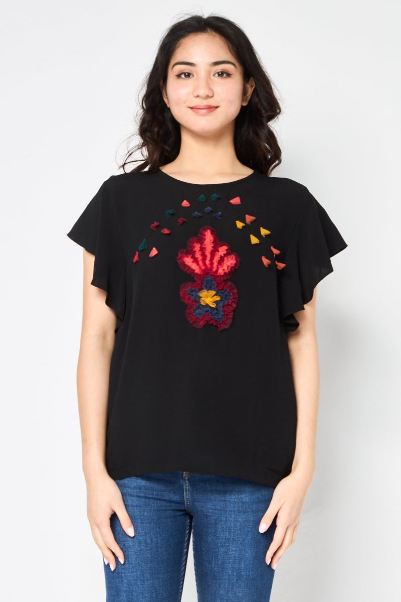 DESIGUAL Women Round Neck Ruffle Sleeve Textured Blouse, Black - Image 1