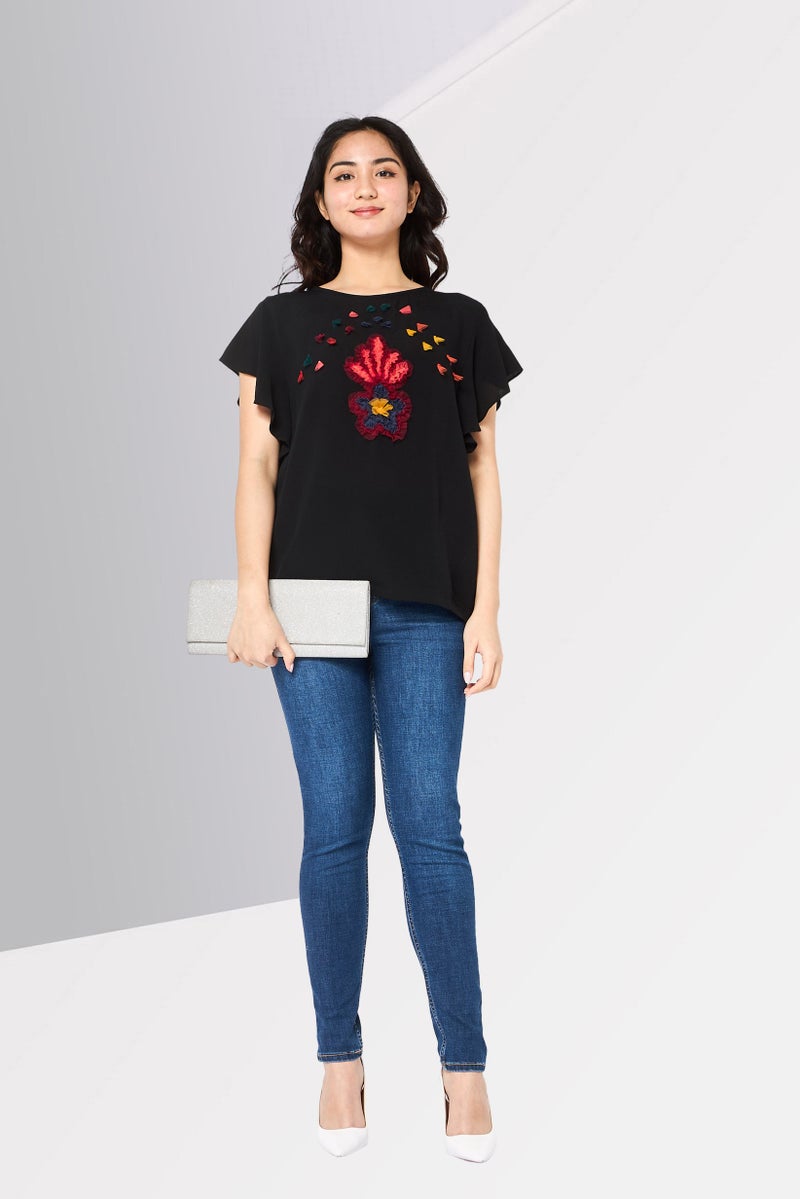 DESIGUAL Women Round Neck Ruffle Sleeve Textured Blouse, Black - Image 2