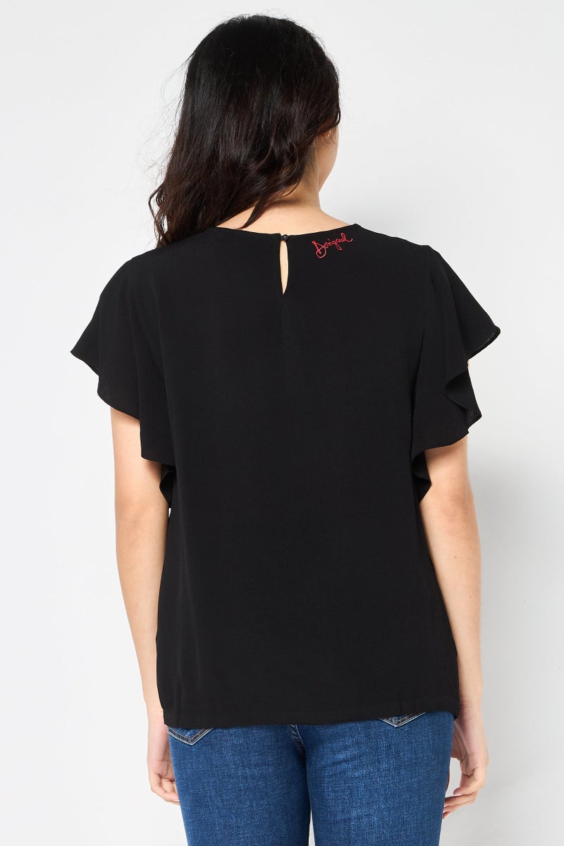 DESIGUAL Women Round Neck Ruffle Sleeve Textured Blouse, Black - Image 3