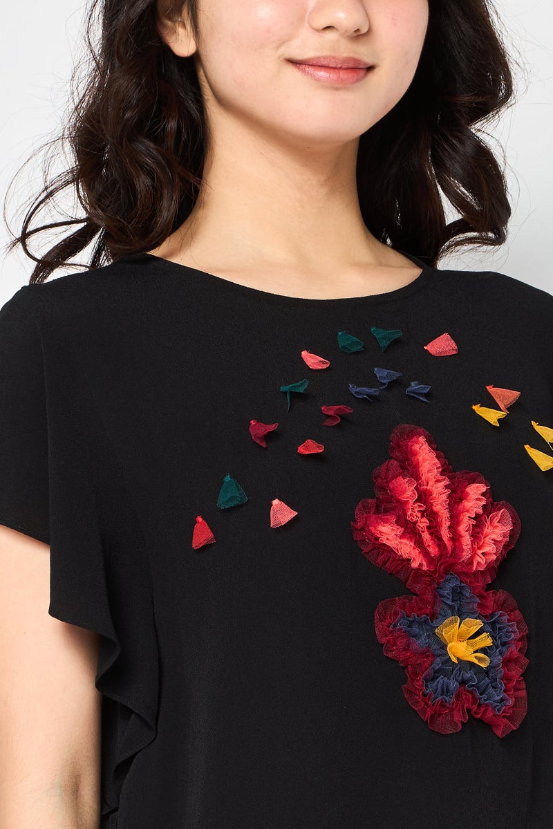 DESIGUAL Women Round Neck Ruffle Sleeve Textured Blouse, Black - Image 4