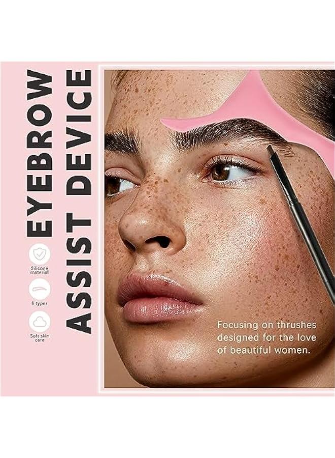 Silicone Eyebrow Stencils for Brow Stamp, 6 Shapes Beginner Friendly Makeup Aid Ruler & Tool for Quick Eye Beauty - Pink