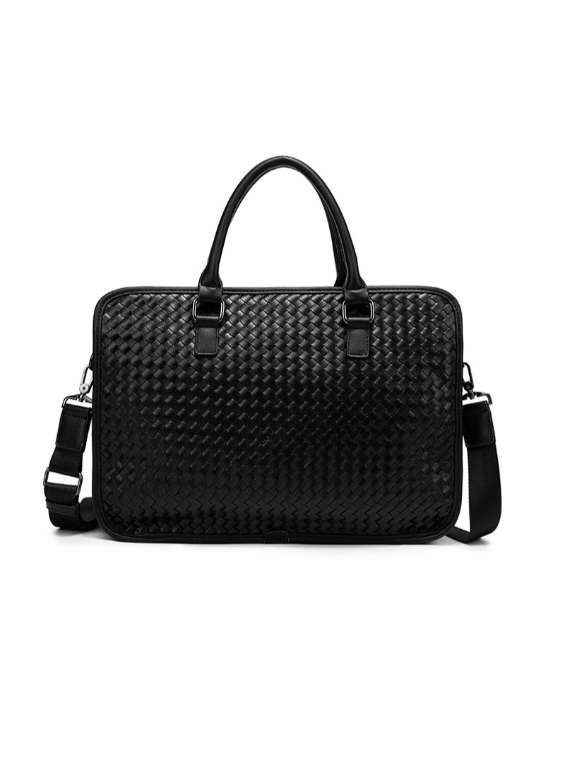 Classic PU Business Leather Briefcase Laptop Bag Large Capacity Messenger Soft Top Handle Tote with Long Shoulder Strap Men Travel Office Black  - Image 1