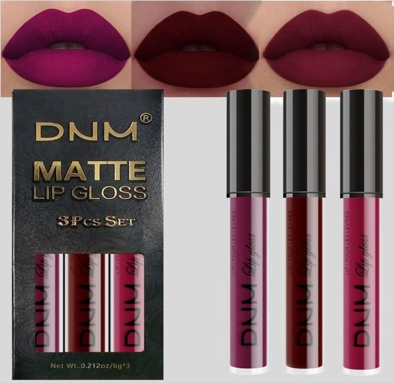 DNM Dark Red Purple Matte Plum Liquid Lipstick 3Pcs Sets,24-hour Lipstick Dark Deep Maroon Purple Brown Plum Red Lip Stain 24 Smudge Waterproof for Women - Image 1