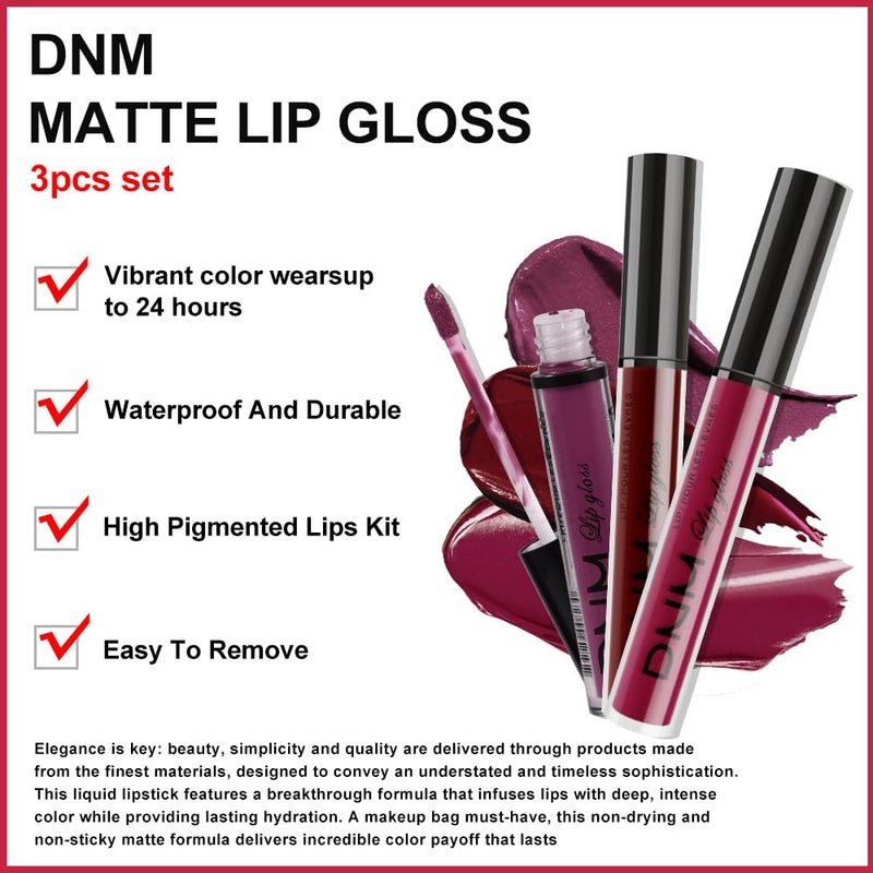 DNM Dark Red Purple Matte Plum Liquid Lipstick 3Pcs Sets,24-hour Lipstick Dark Deep Maroon Purple Brown Plum Red Lip Stain 24 Smudge Waterproof for Women - Image 2