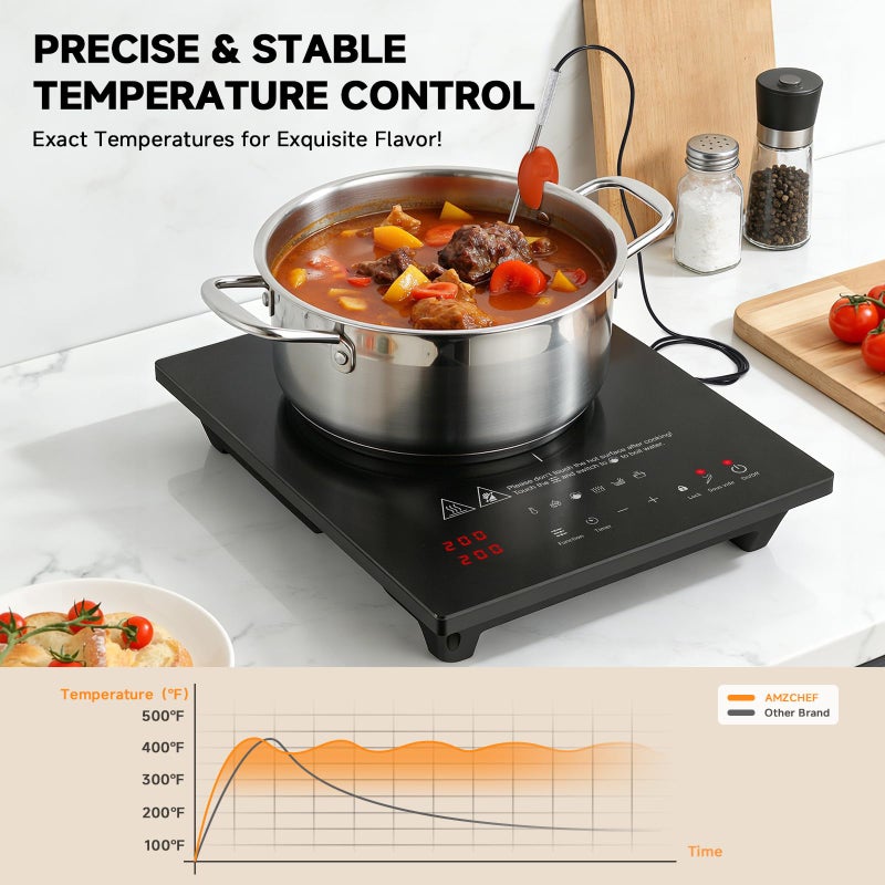 AMZCHEF Portable-Induction-Cooktop: 74 Temperature Levels Induction Burner with Digital Probe, 1800W Countertop Burner with 20 Power Levels, 6.5" Heating Coil, Low Noise Electric Cooktops with Timer - Image 3