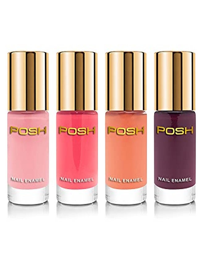 POSH HIGH GLOSS QUICK DRY NAILPOLISH COMBO OF 4 GARNET RED FLAMINGO ORANGE PEACH ROSE PINK - Image 1