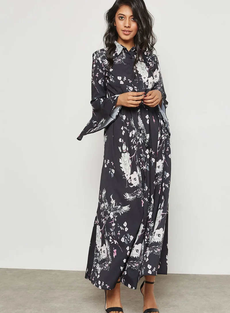 ELLA Floral Print Flute Sleeve Maxi Dress