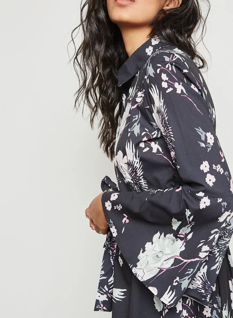 ELLA Floral Print Flute Sleeve Maxi Dress