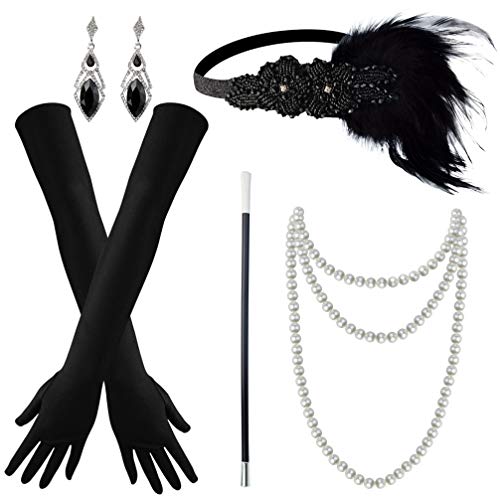 Tongcloud 1920s Women Accessories Headband Necklace Gloves Flapper Costume Set 1920s Accessories for Women (Black) - Image 1
