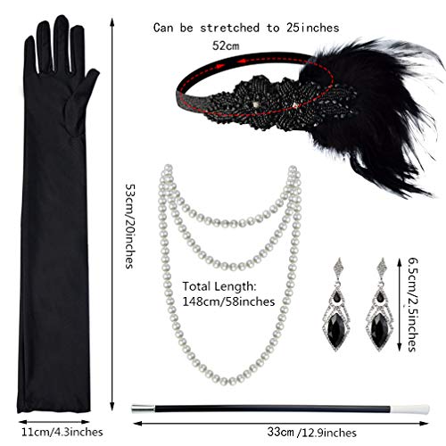 Tongcloud 1920s Women Accessories Headband Necklace Gloves Flapper Costume Set 1920s Accessories for Women (Black) - Image 2