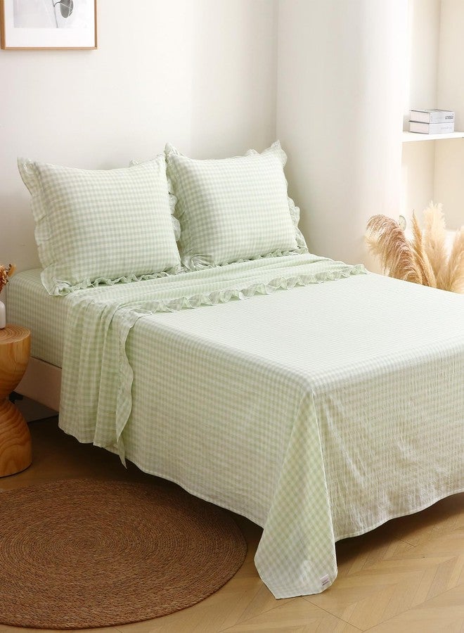 K MASANIJI Pile Green White Plaid Ruffle Gingham Sheets Twin Size 4-Piece Set, 300TC 100% Yarn Dyed Cotton Sheets 18 in Deep Pocket Kids Preppy Decorative Bedding (Pile Green/White Plaid, Twin) - Image 1