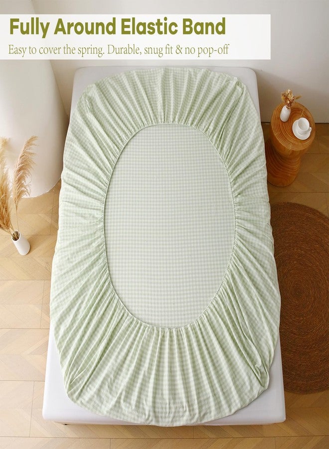 K MASANIJI Pile Green White Plaid Ruffle Gingham Sheets Twin Size 4-Piece Set, 300TC 100% Yarn Dyed Cotton Sheets 18 in Deep Pocket Kids Preppy Decorative Bedding (Pile Green/White Plaid, Twin) - Image 4